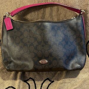 Coach Black Signature Canvas Shoulder Bag with Pink Strap